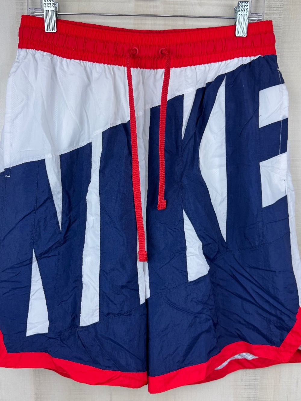Nike Mens Throwback Graphic Long Basketball Shorts Red White Blue Spellout Large